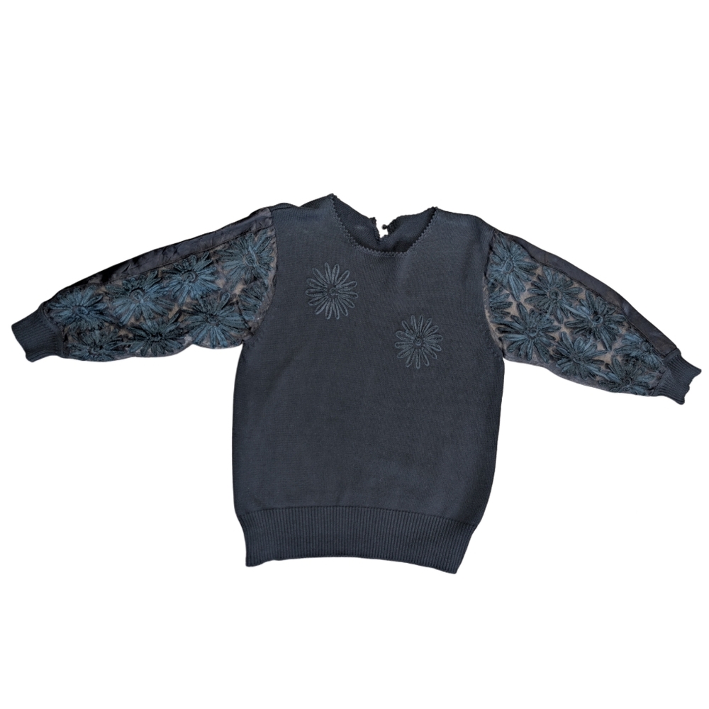 Women's Large Black Knit Sweater with Sheer Lace Floral Sleeves